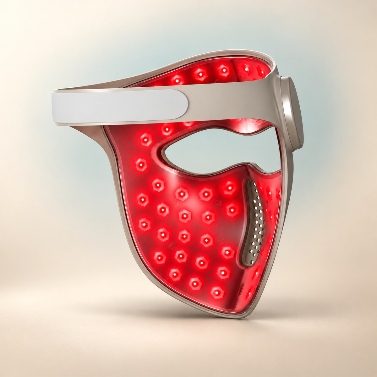 A modern LED facial therapy mask with a silver metallic frame, a white headband, and a bright red illuminated face plate covered in small circular light-emitting dots, shown on a soft beige gradient background.
