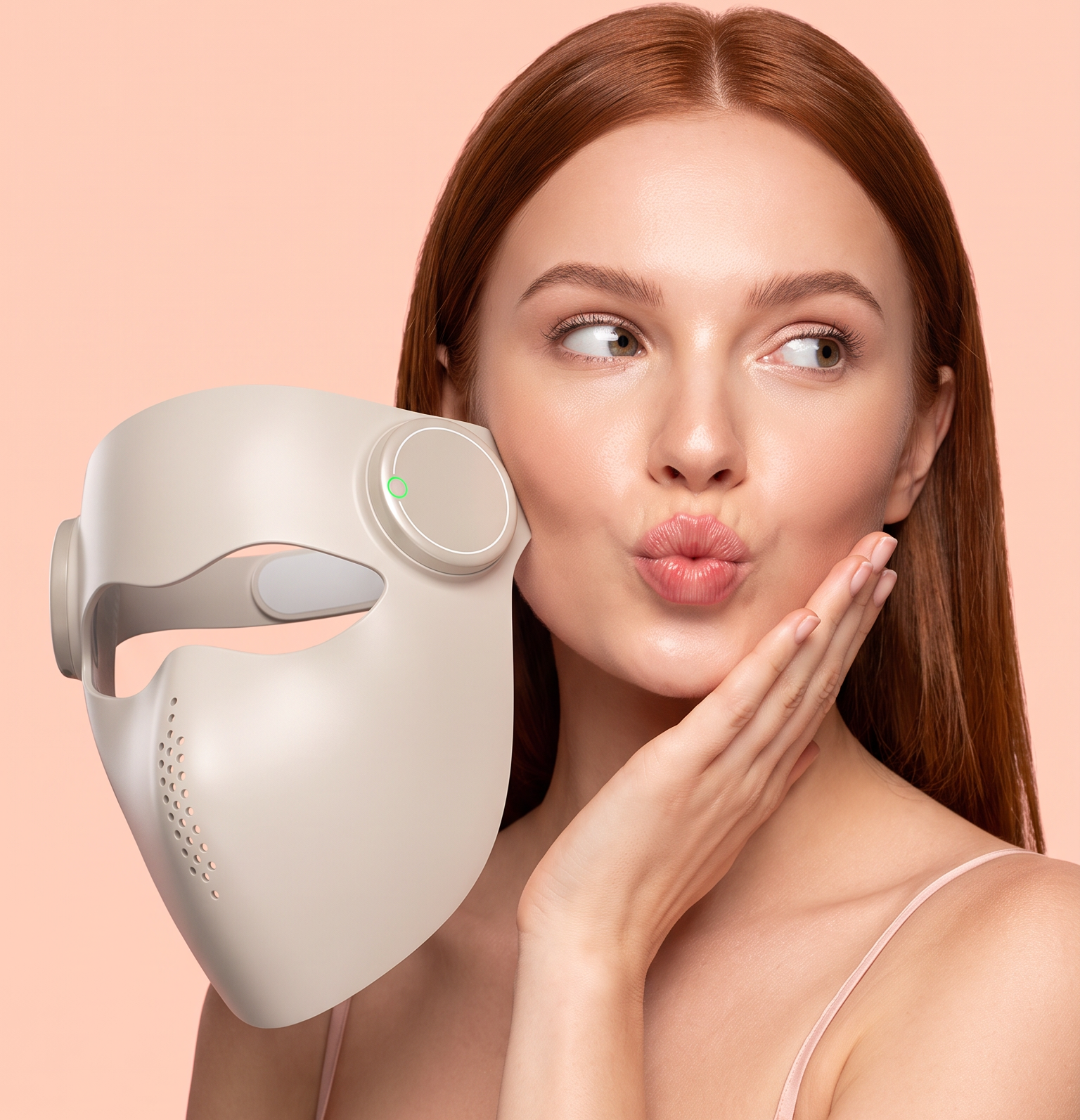 A woman with long red-brown hair holds a white LED facial mask near her face against a solid peach-pink background.