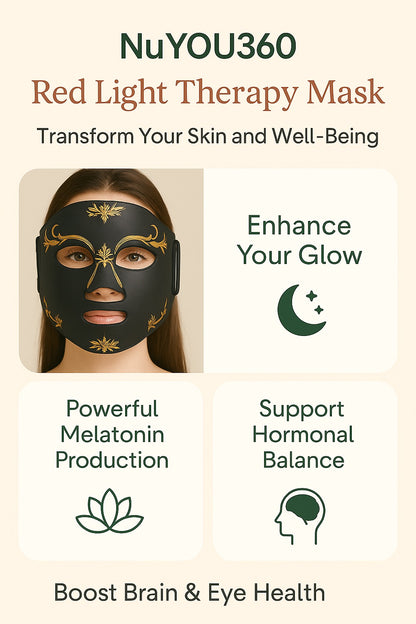 NuYOU360 Red Light Therapy Mask advertisement with a woman wearing the mask and benefits listed.