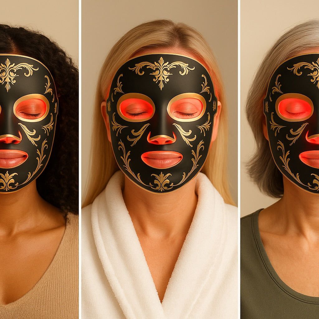 Three individuals wearing decorative face masks with black, gold, and red details.
