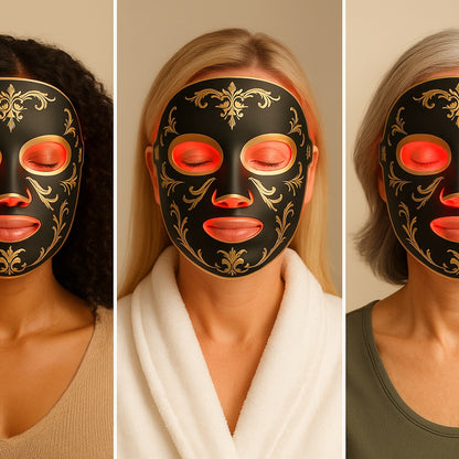 Three individuals wearing decorative face masks with black, gold, and red details.