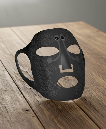 Black face mask with white accents on a white background