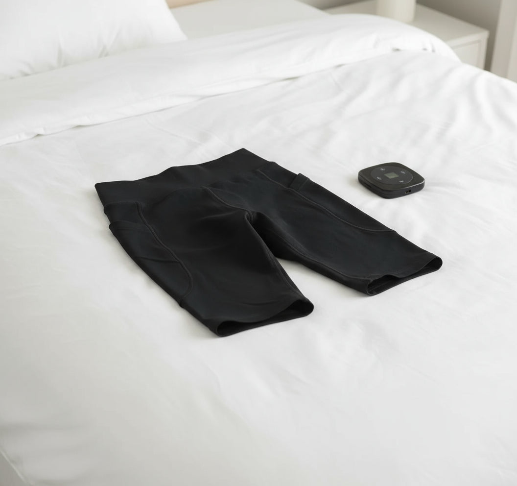 Black athletic shorts with a small electronic device on a white background