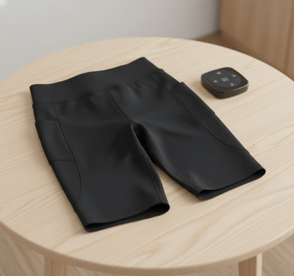 Black athletic shorts with a small electronic device on a white background