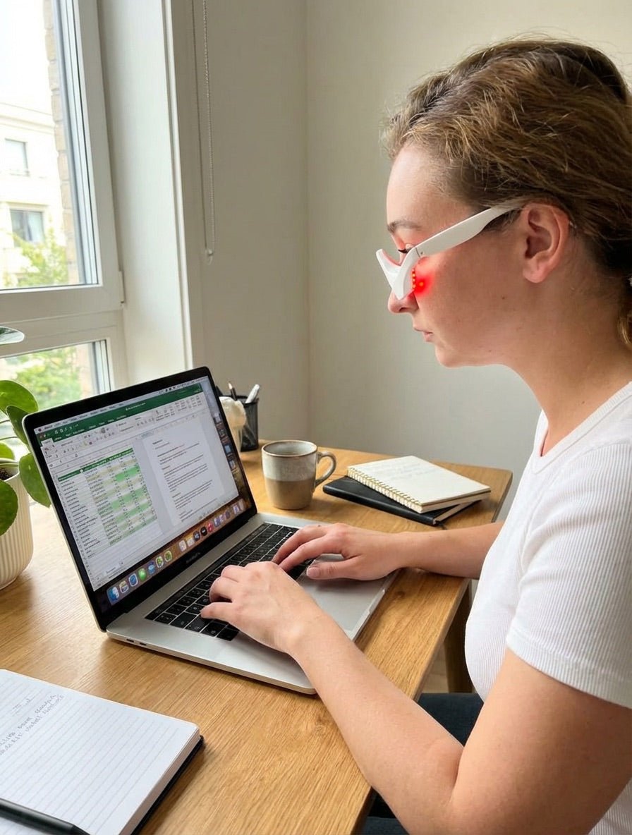Person using a laptop with a red light on their face, sitting at a desk with a cup and notebook.