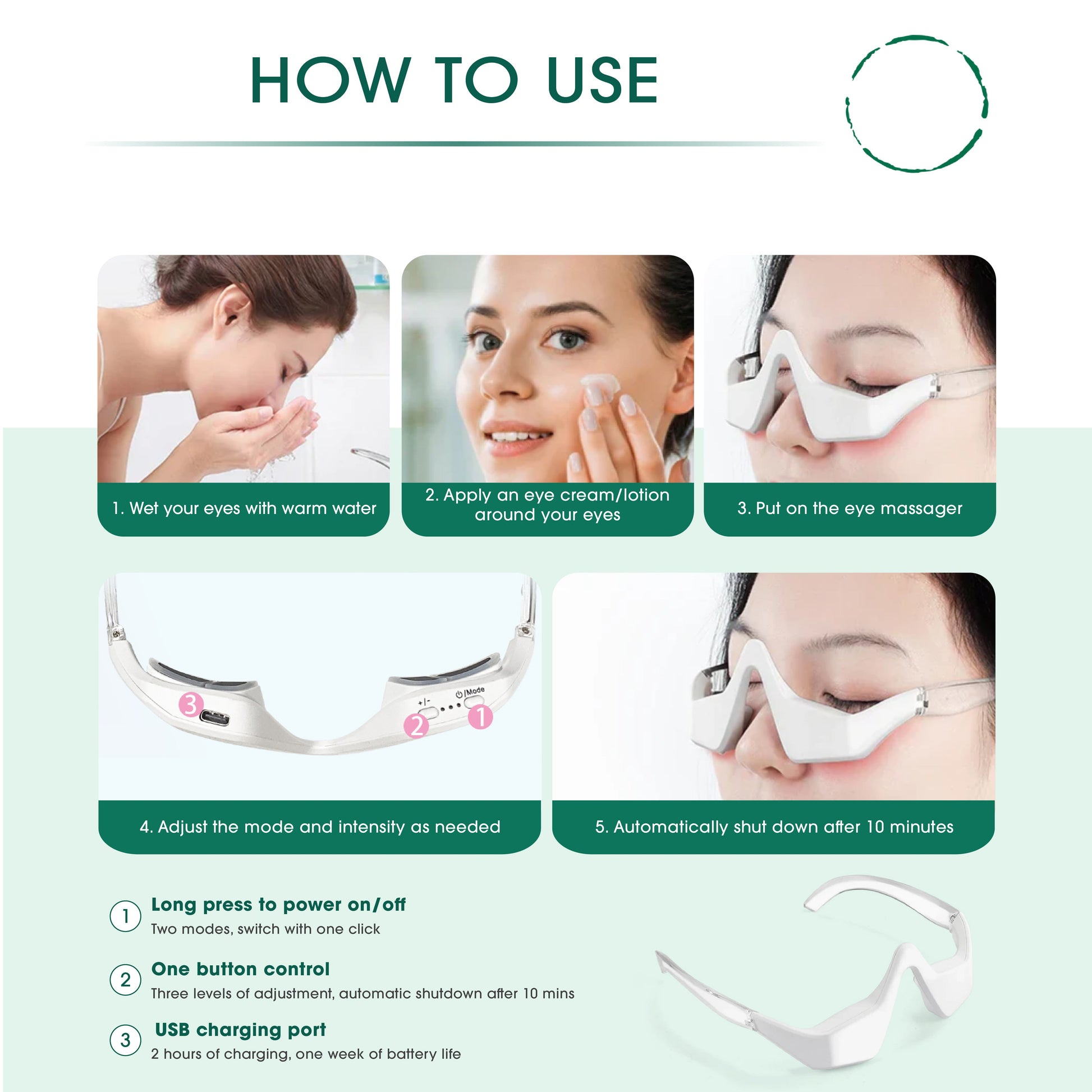 Instructions on how to use an eye massager with step-by-step images and text.