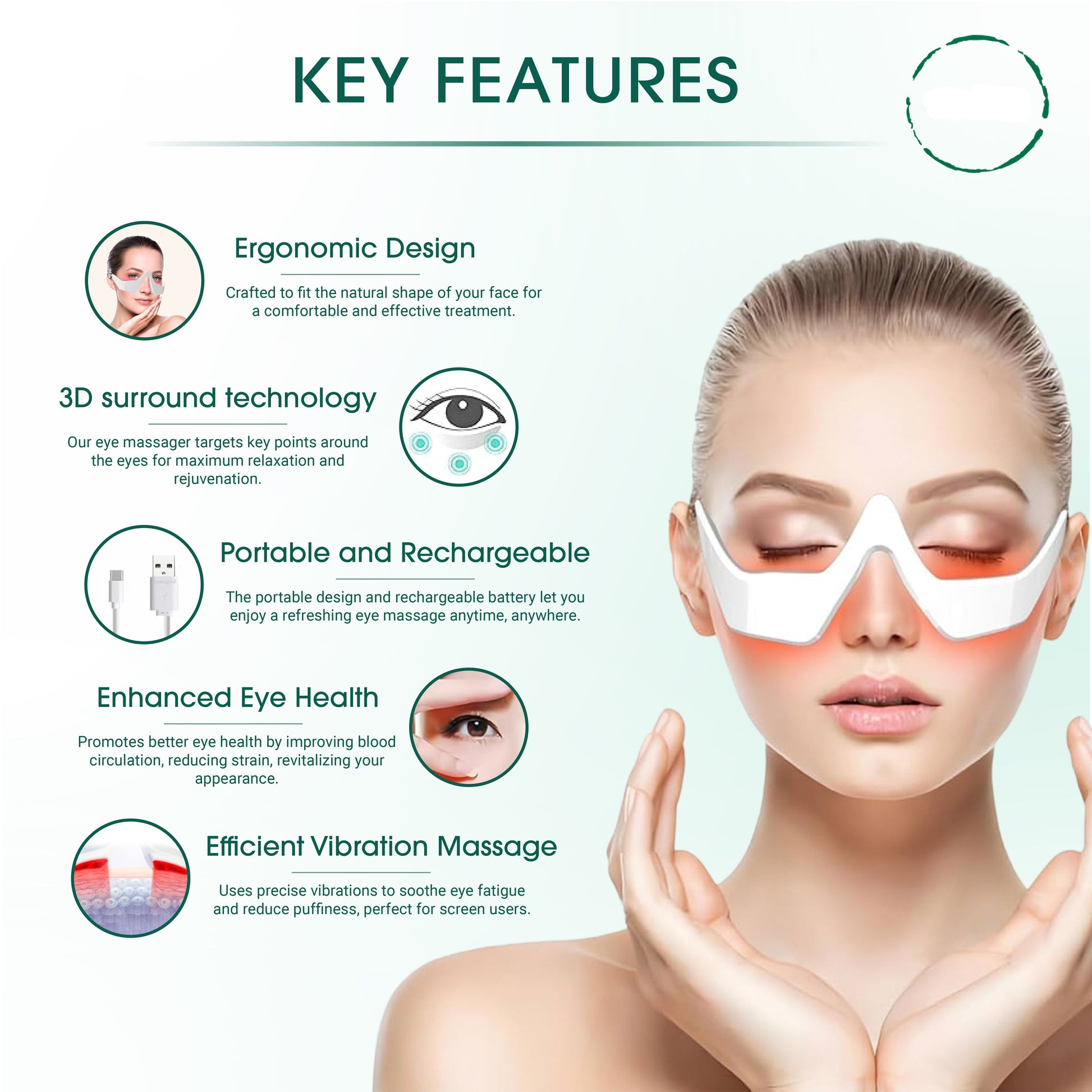 Product advertisement for a eye massager with key features listed on a white background.