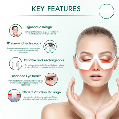 Product advertisement for a eye massager with key features listed on a white background.