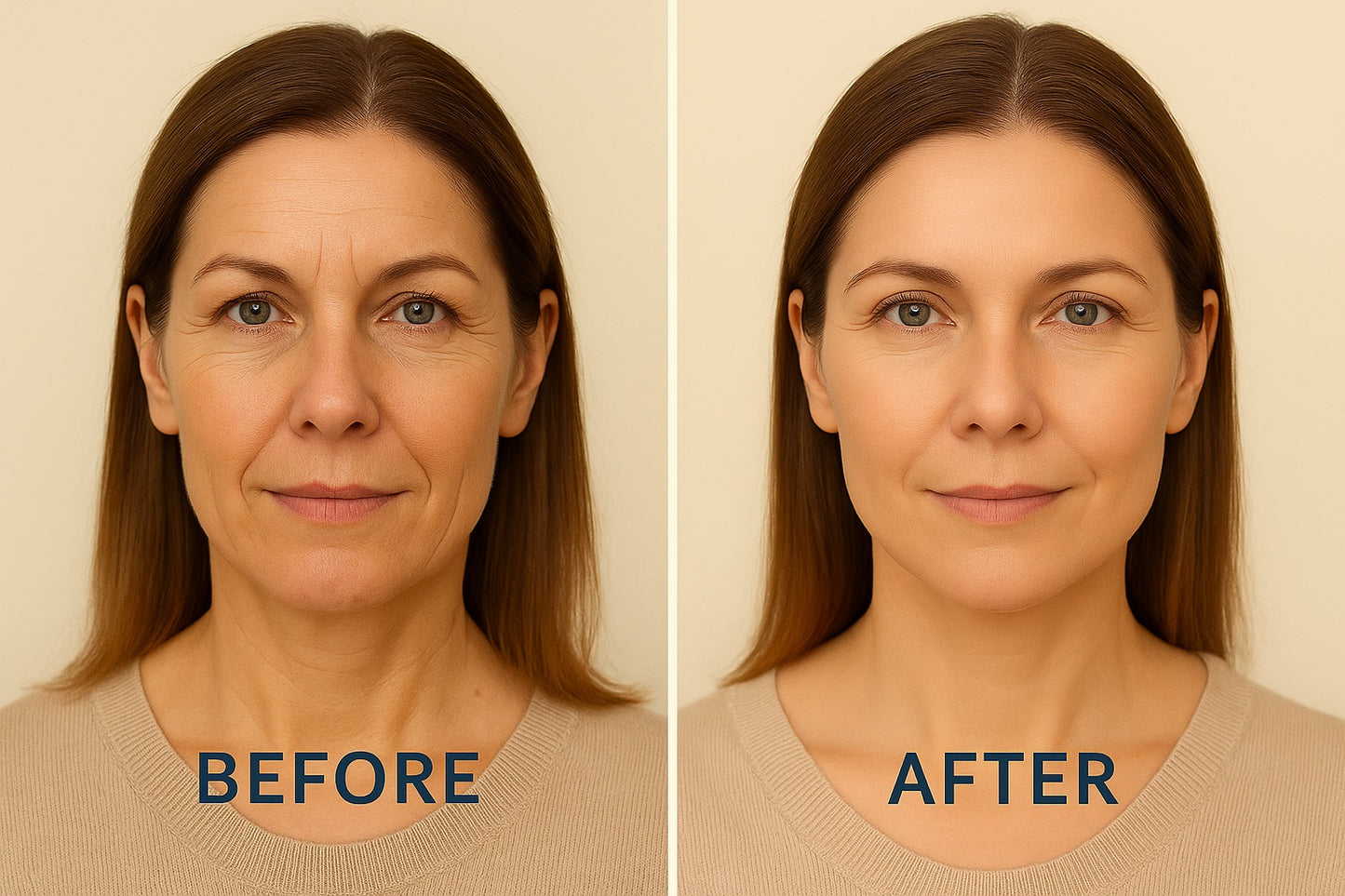 Before and after comparison of a woman's face with 'Before' on the left and 'After' on the right.