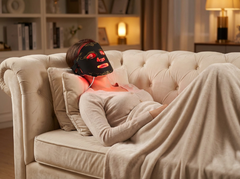 Person wearing a red light therapy mask on a couch in a home setting