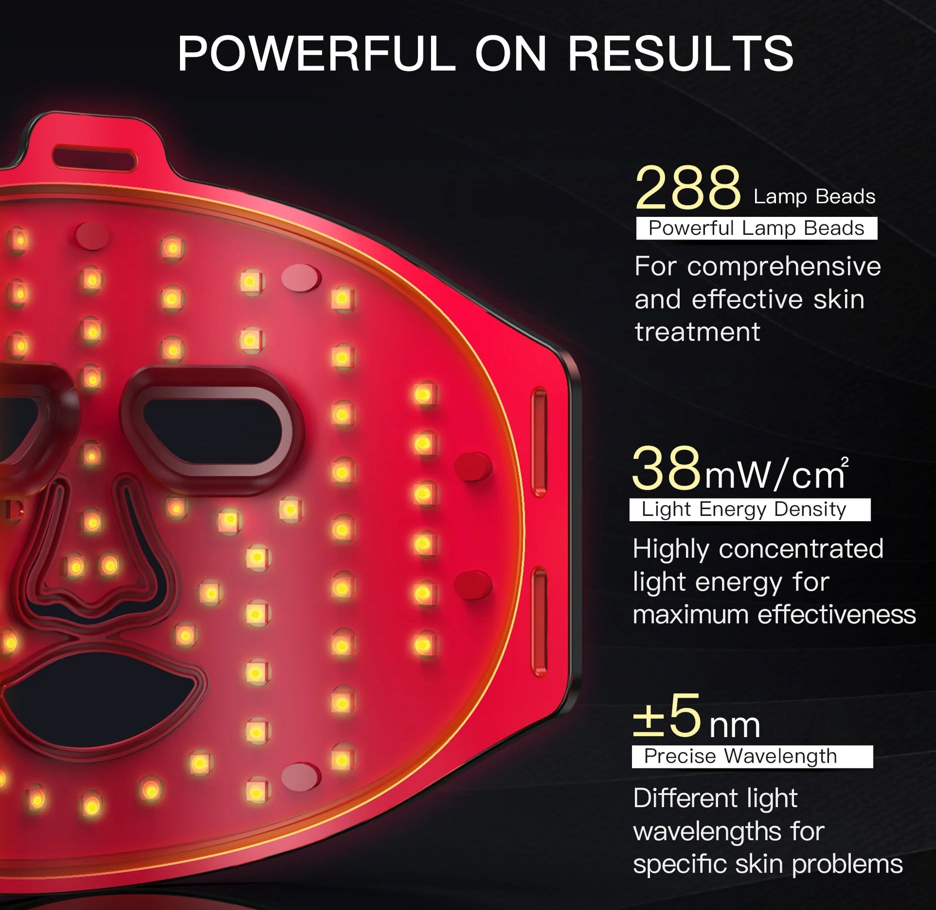 Red LED face mask with technical specifications on a black background