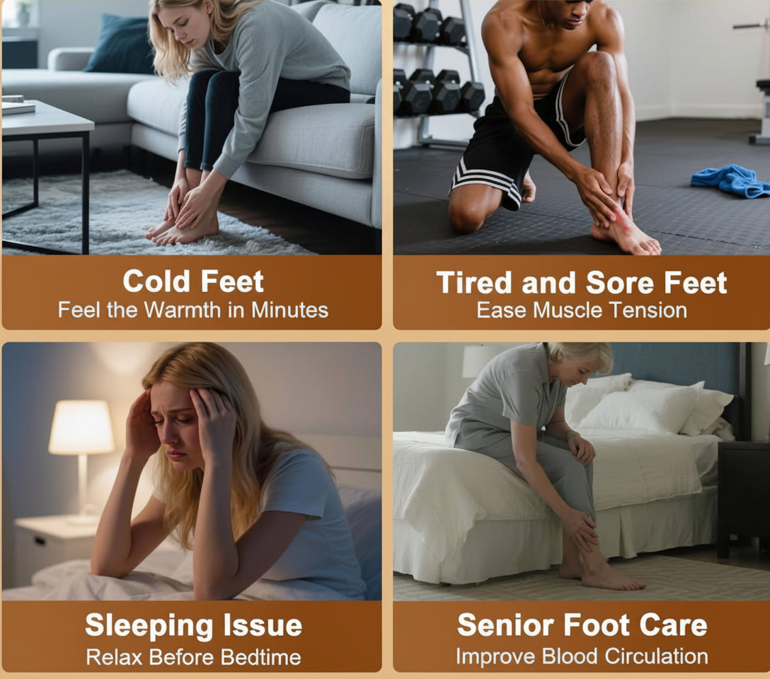 Collage of people experiencing foot issues with text on solutions.