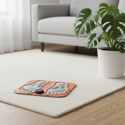 Small electronic device on a rug in a living room with a plant and sofa in the background