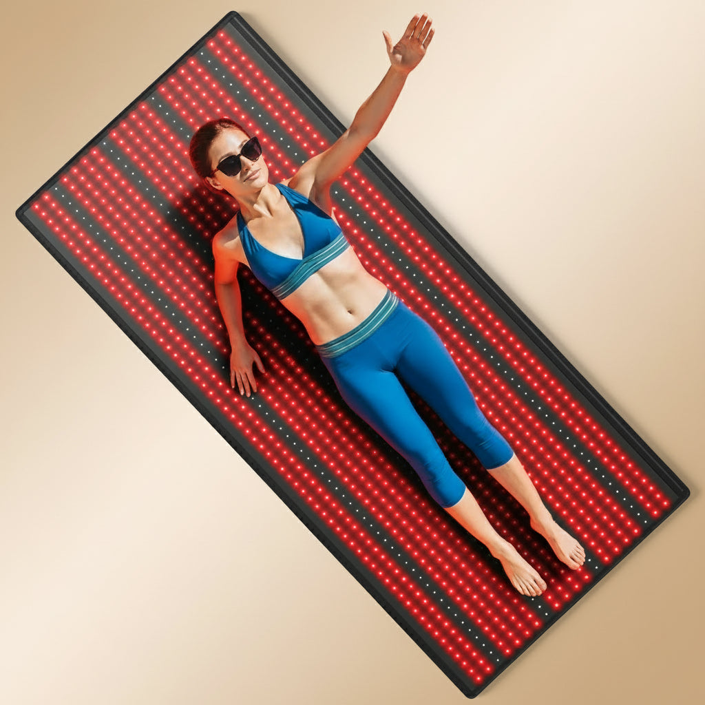 Person lying on a LED mat with red and black pattern
