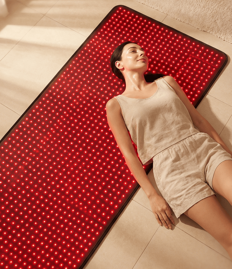 Woman lying on a red LED mat in a home setting