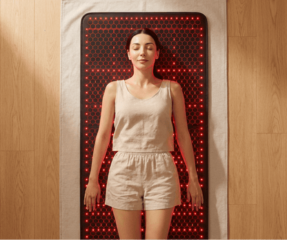 Woman lying on a red light therapy mat against a wooden wall