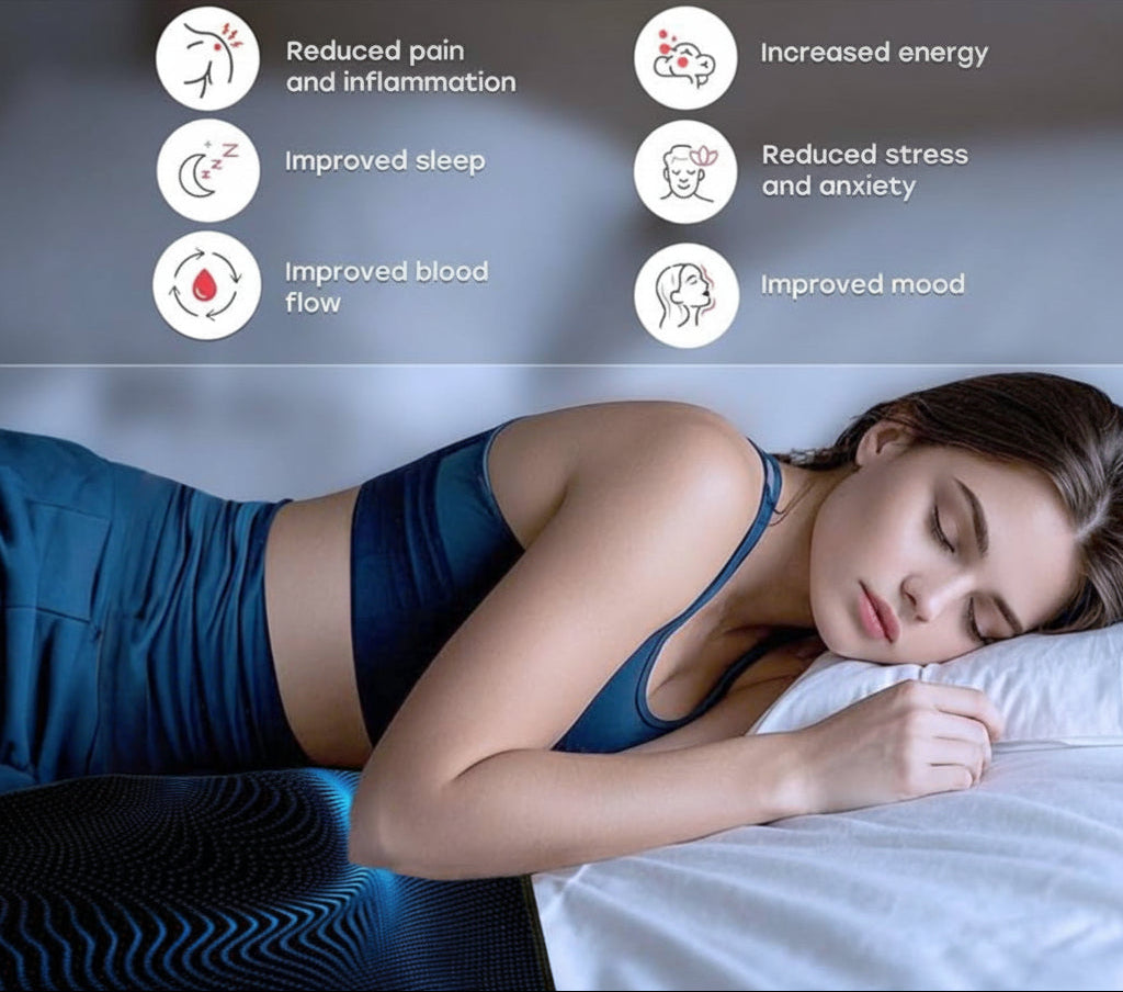 Woman lying on a grounding mat with health benefits listed above her.