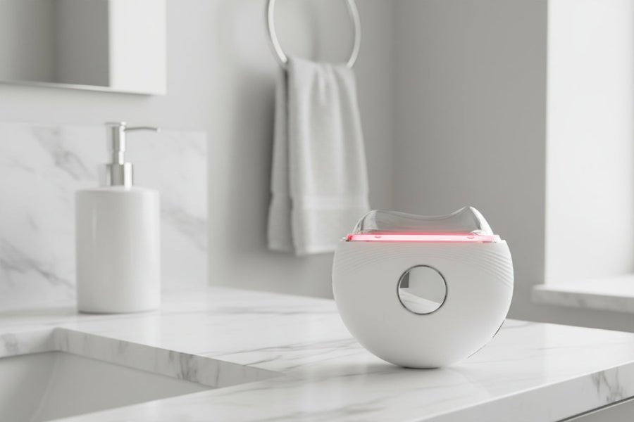 White electronic device with a circular button on a white background