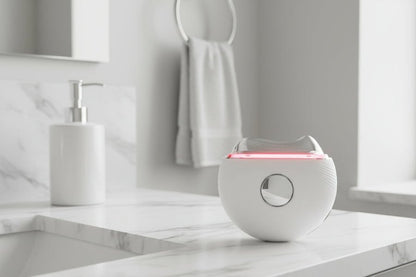 White electronic device with a circular button on a white background