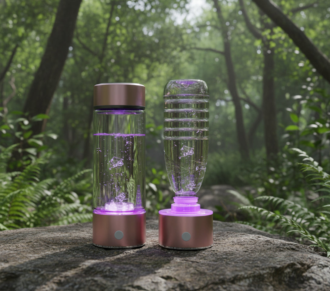 Purple and clear water bottle with LED lights on a black background