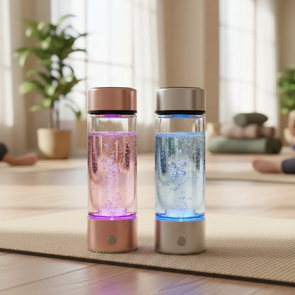Two hydrogen water generators with colorful lights on a wooden surface.