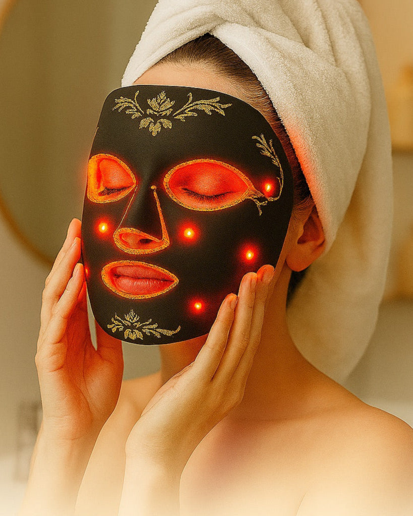 Person wearing a black facial mask with glowing red lights, holding a towel on their head, and the brand 'NuYOU360' displayed.