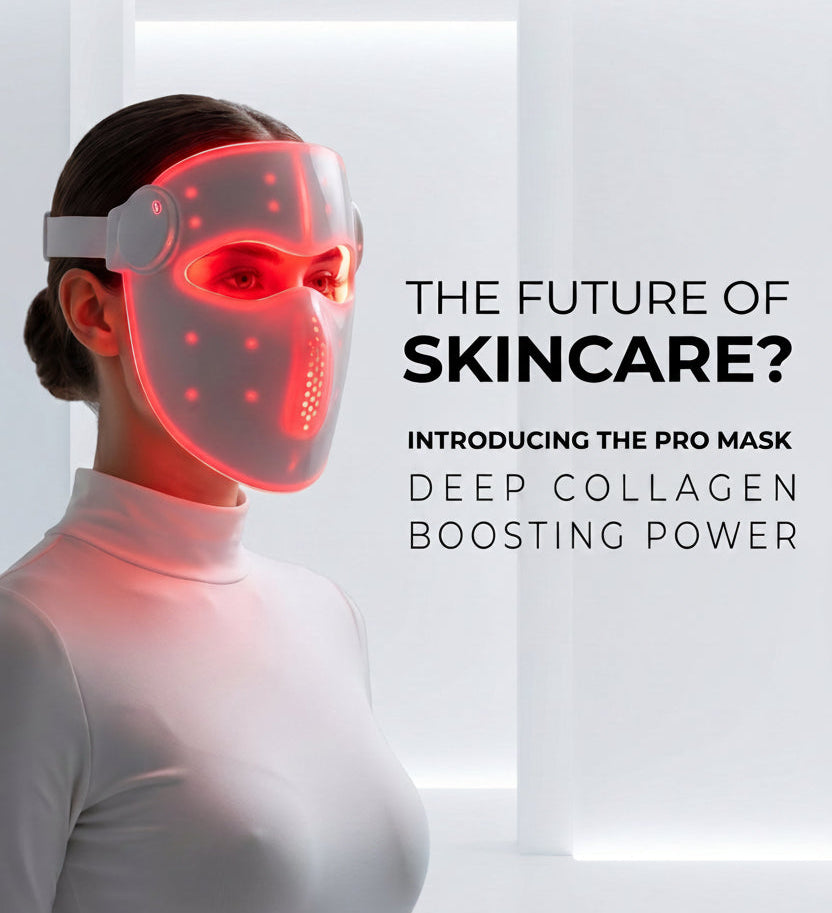 Person wearing a red LED face mask with text about skincare technology from NuYou360.
