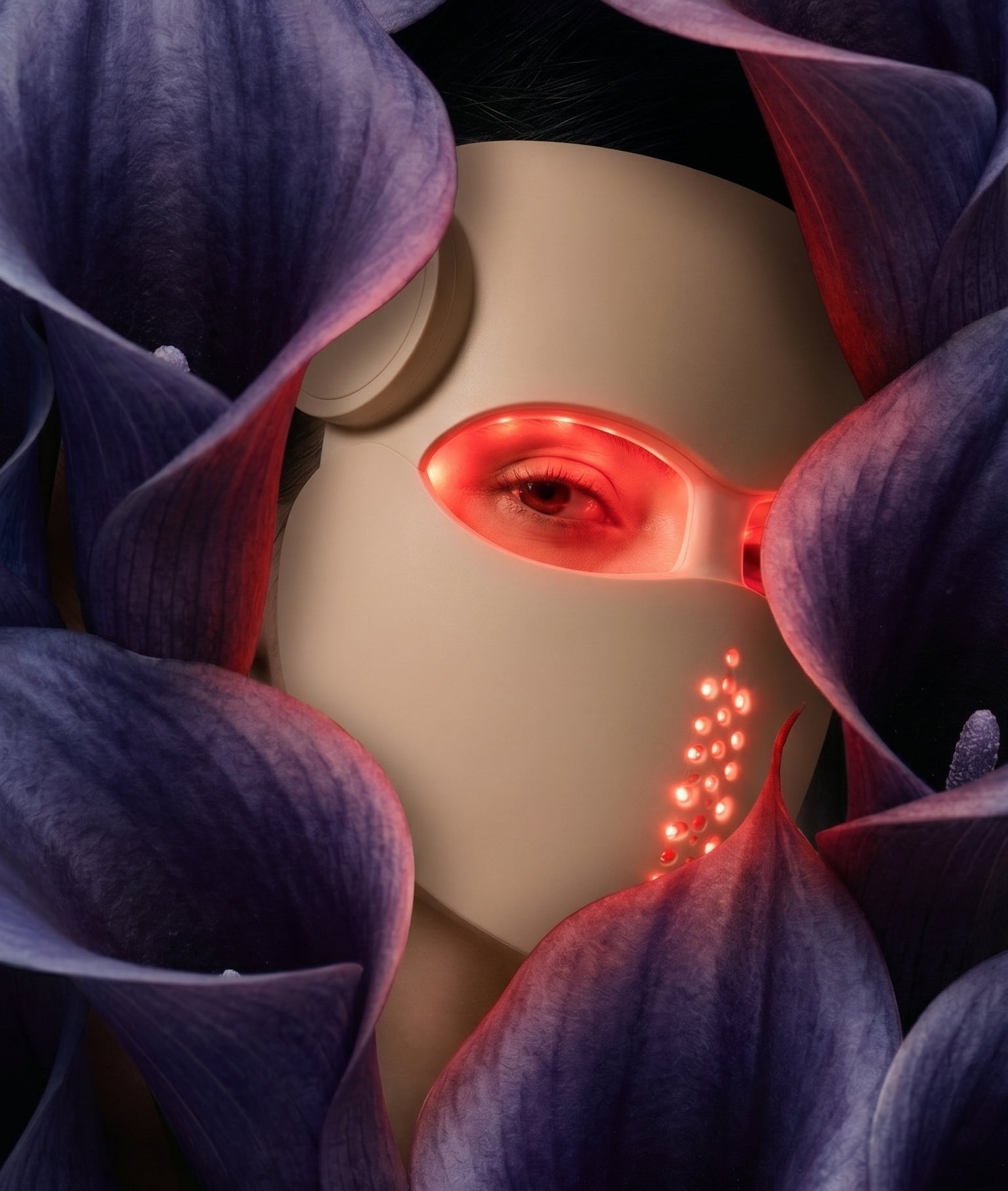 Person with red light on face surrounded by purple flowers