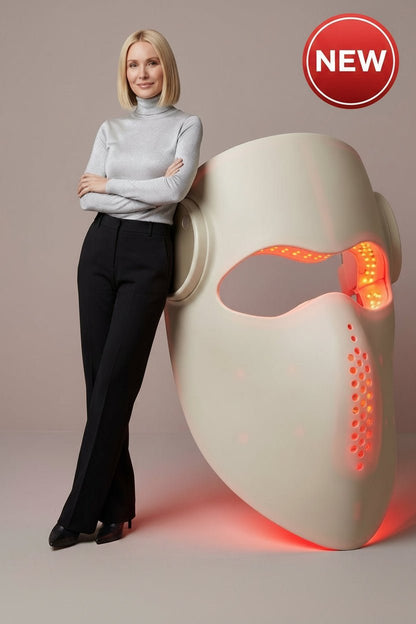 Woman standing next to a large, futuristic-looking device with glowing red interior on a neutral background