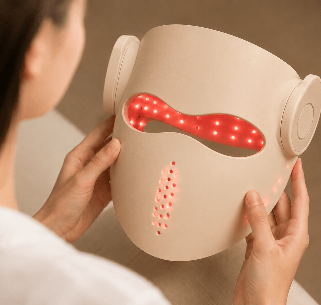 Person holding a beige facial mask with red LED lights on a neutral background