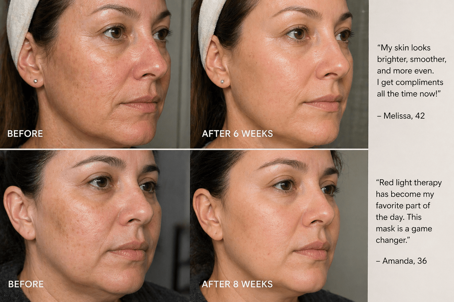 Before and after images of a woman's face with text about skin improvement and red light therapy mask.