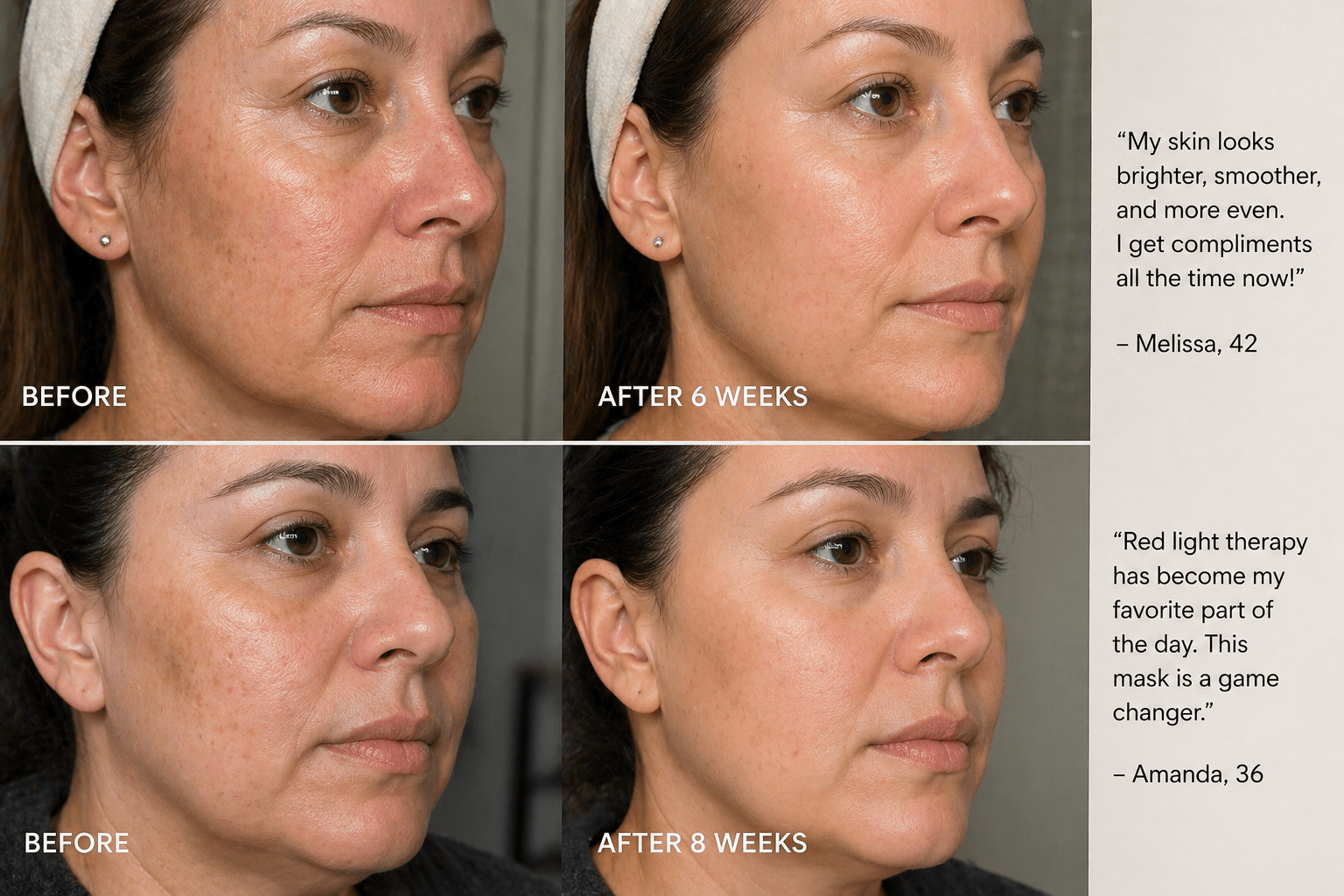 Before and after images of a woman's face with text about skin improvement and red light therapy mask.