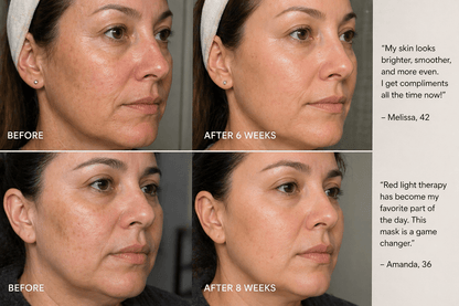Before and after images of a woman's face with text about skin improvement and red light therapy mask.