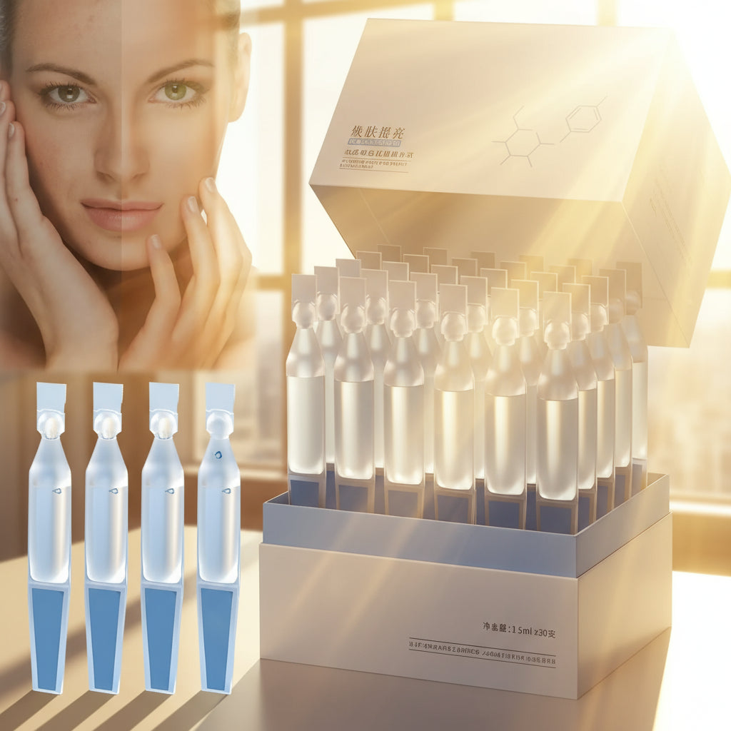 Skincare product packaging with ampoules and a close-up of a woman's face.