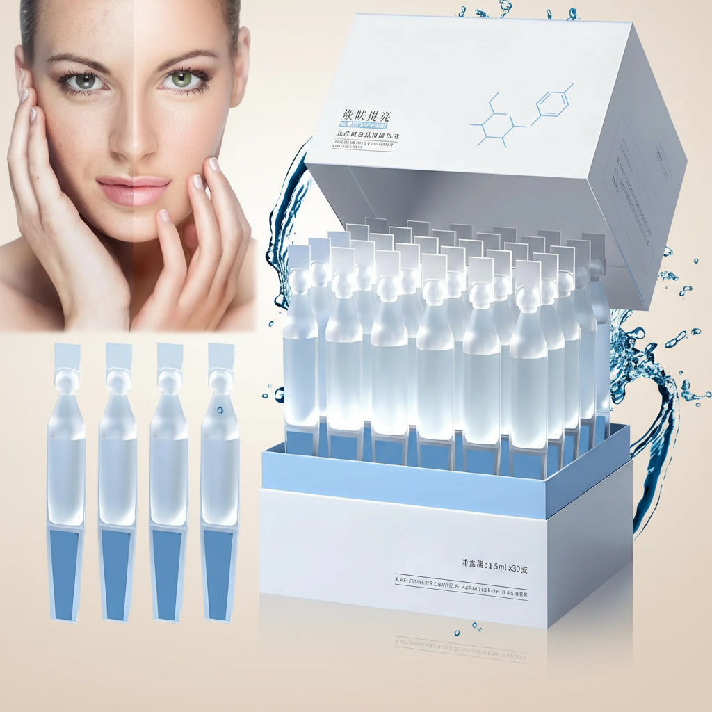 Skincare product packaging with ampoules and a close-up of a woman's face.