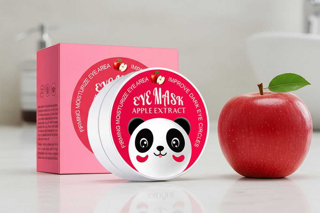 Eye mask with apple extract packaging and an apple on a white surface