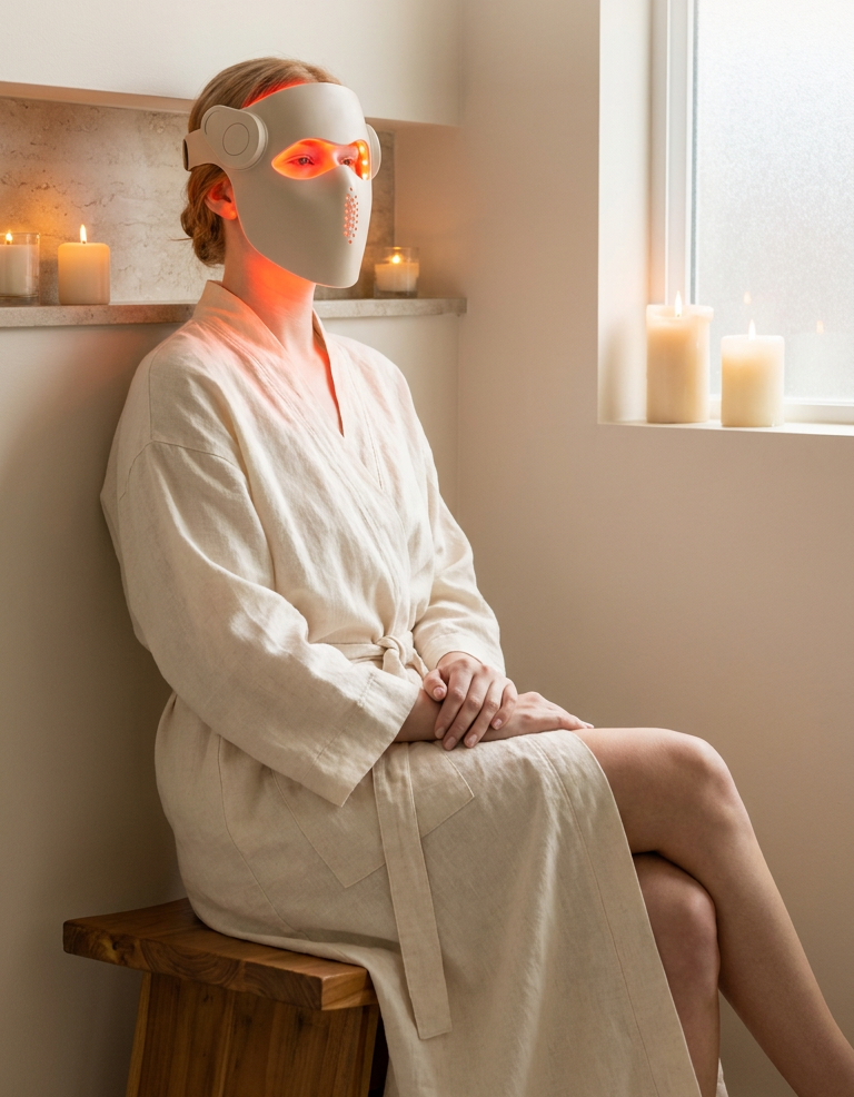 A woman in a white robe sits on a wooden stool in a spa-like room, wearing a glowing orange-red LED face mask. Text at the top reads 'Glow Deeper—Skin Rejuvenation at Home' with a code and mention of free organic beef tallow cream.
