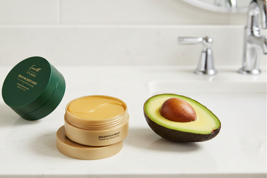 Avocado and skincare products on a bathroom counter