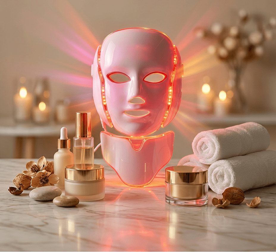 LED face mask with skincare products on a marble surface, surrounded by candles and flowers.