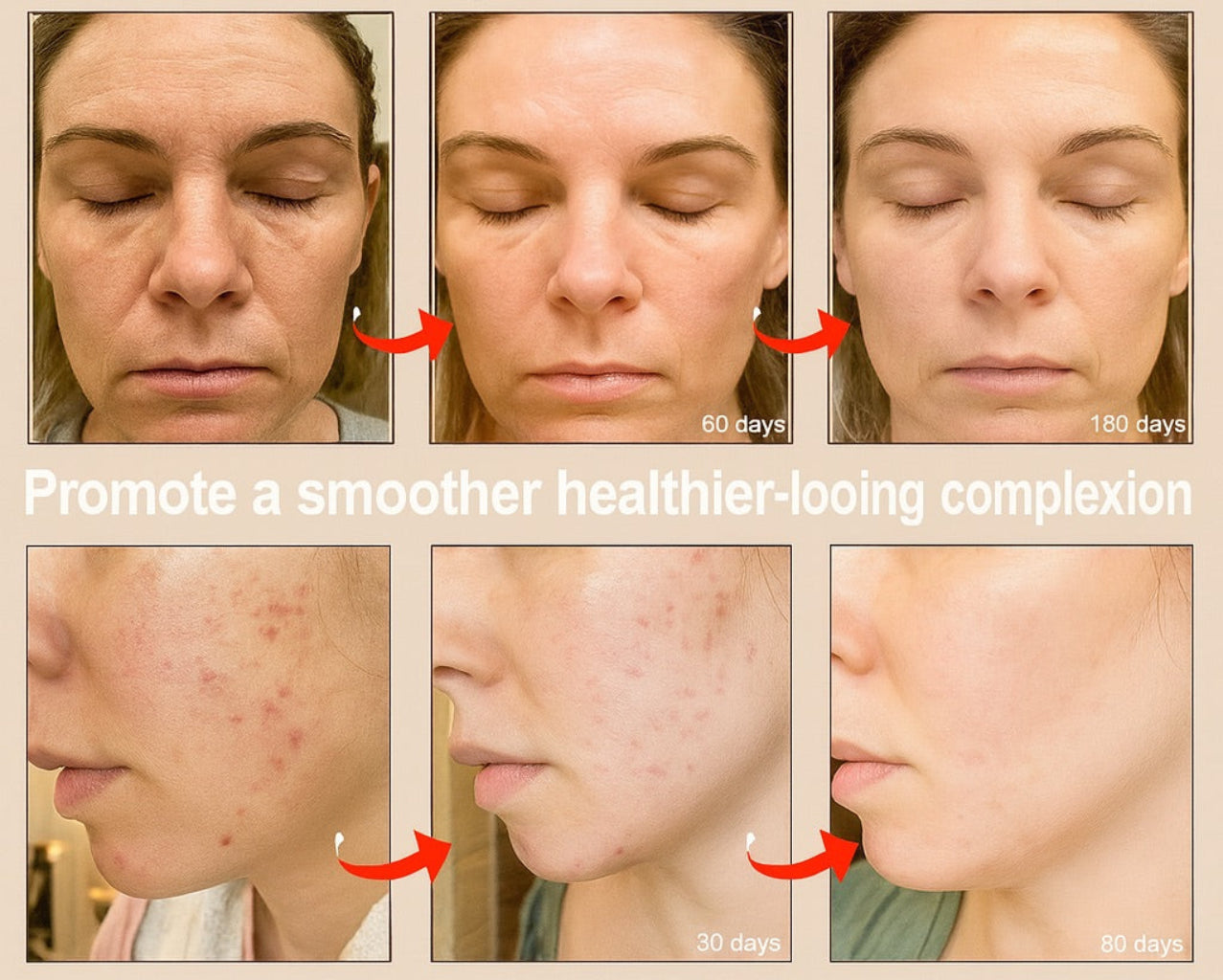 Before and after comparison of skin treatment results with text promoting smoother, healthier skin.