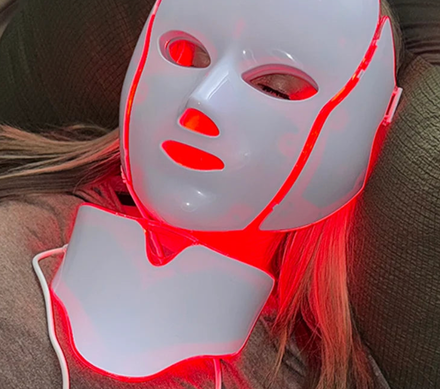 NuYOU360 LED face mask with neck cover on a product page.