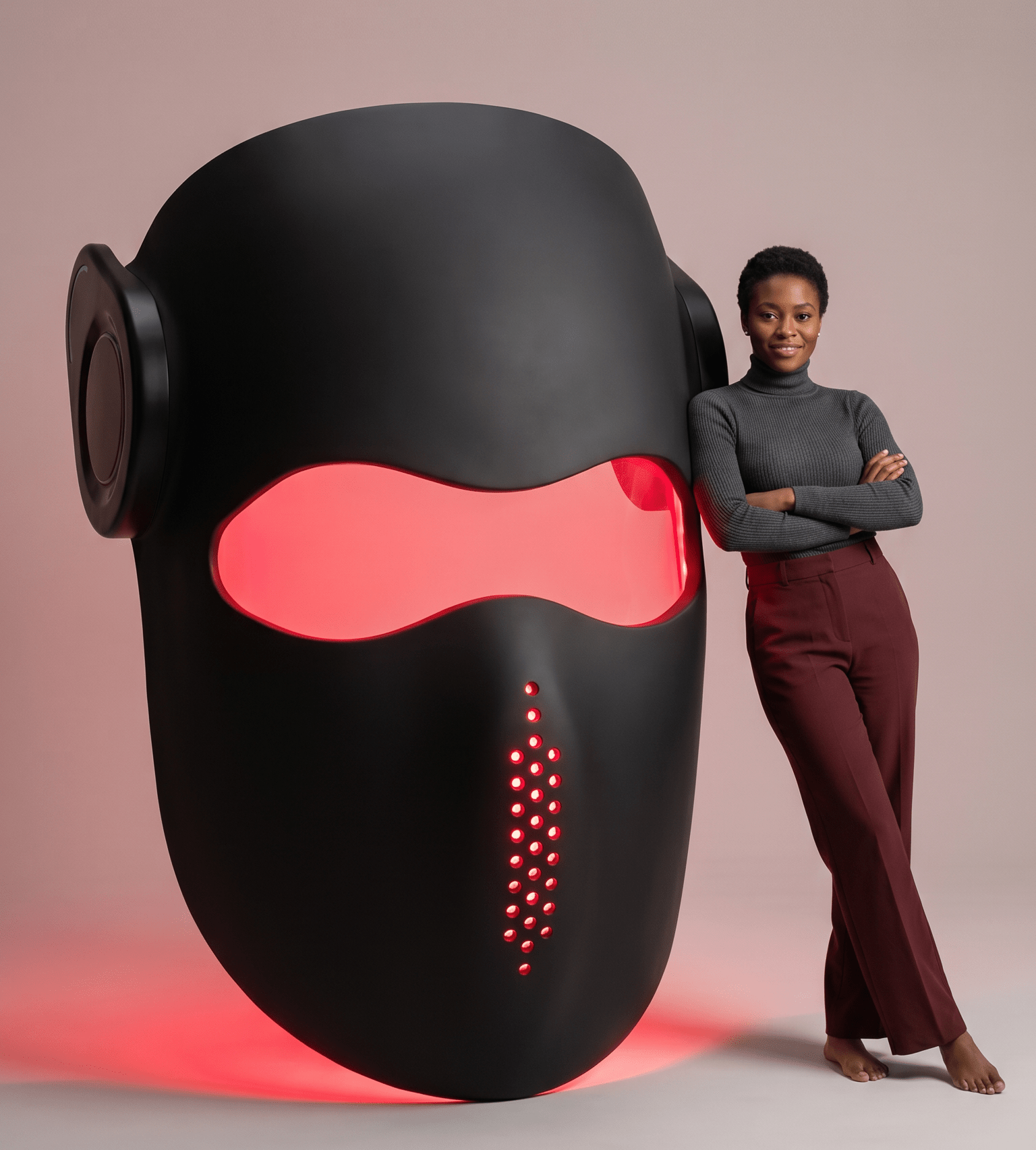 Person standing next to a large black and red mask on a plain background