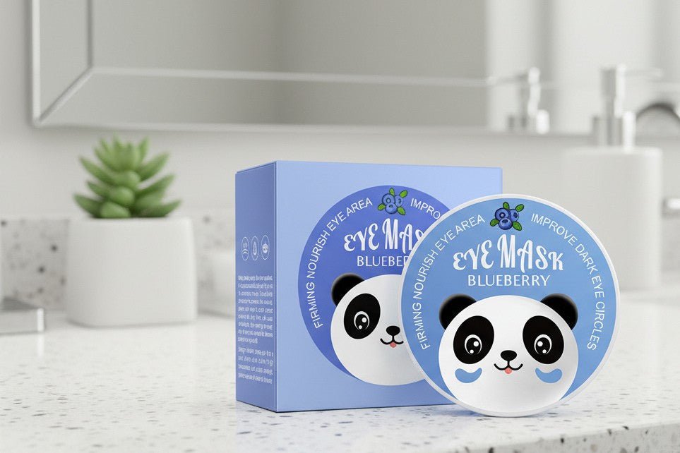Blueberry eye mask packaging with panda design on a bathroom counter