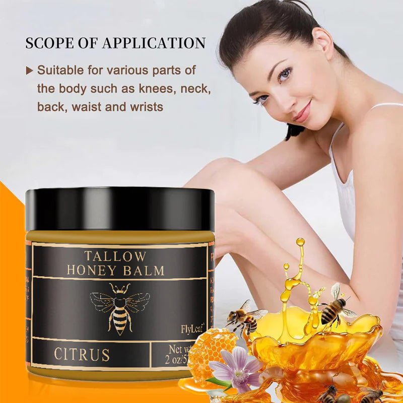 Tallow honey balm jar with a woman and honey graphics on a light background