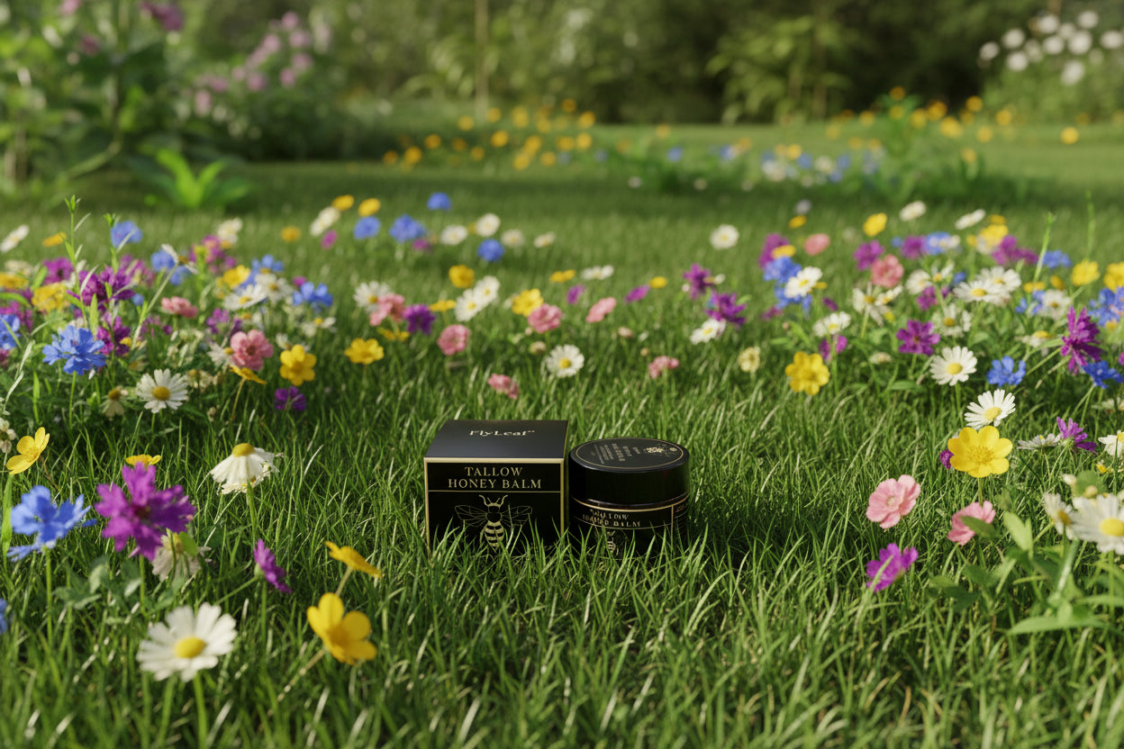 Tallow honey balm jar and packaging with FlyLeaf branding on a gray background