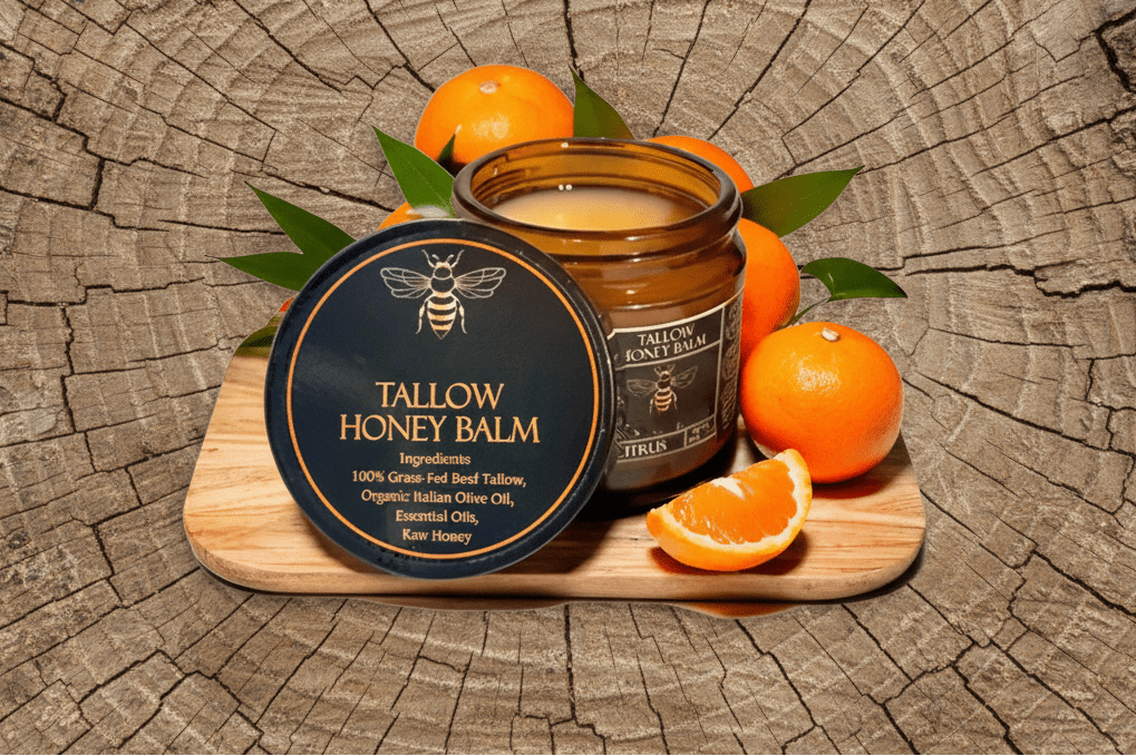 Tallow Honey Balm jar with beeswax lid on a wooden board with oranges and leaves.