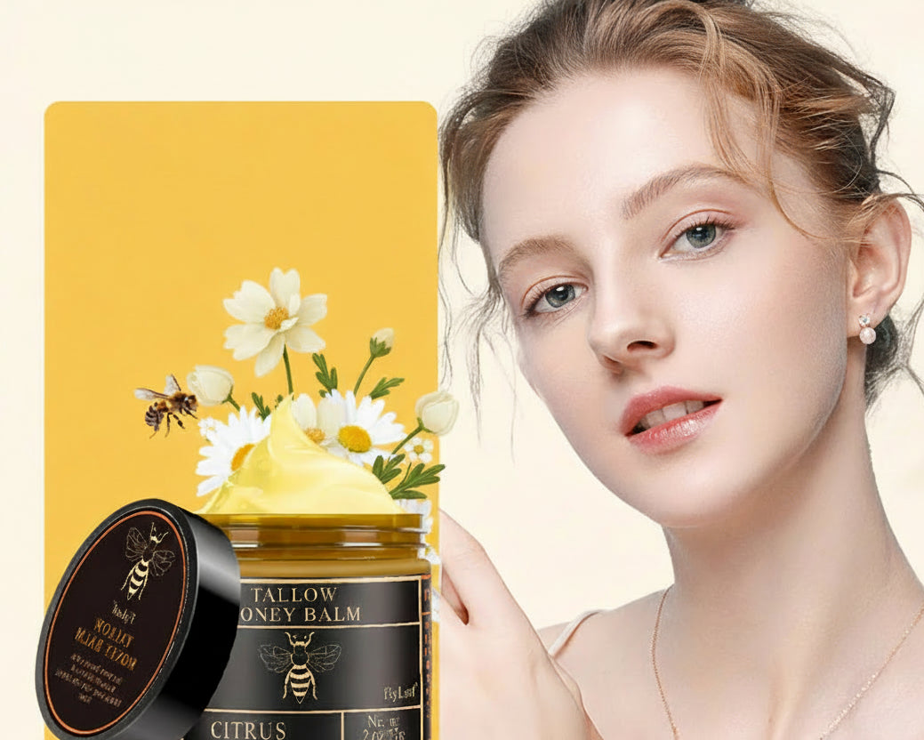 Woman holding a jar of Tallow Honey Balm with text highlighting skin benefits on a yellow background
