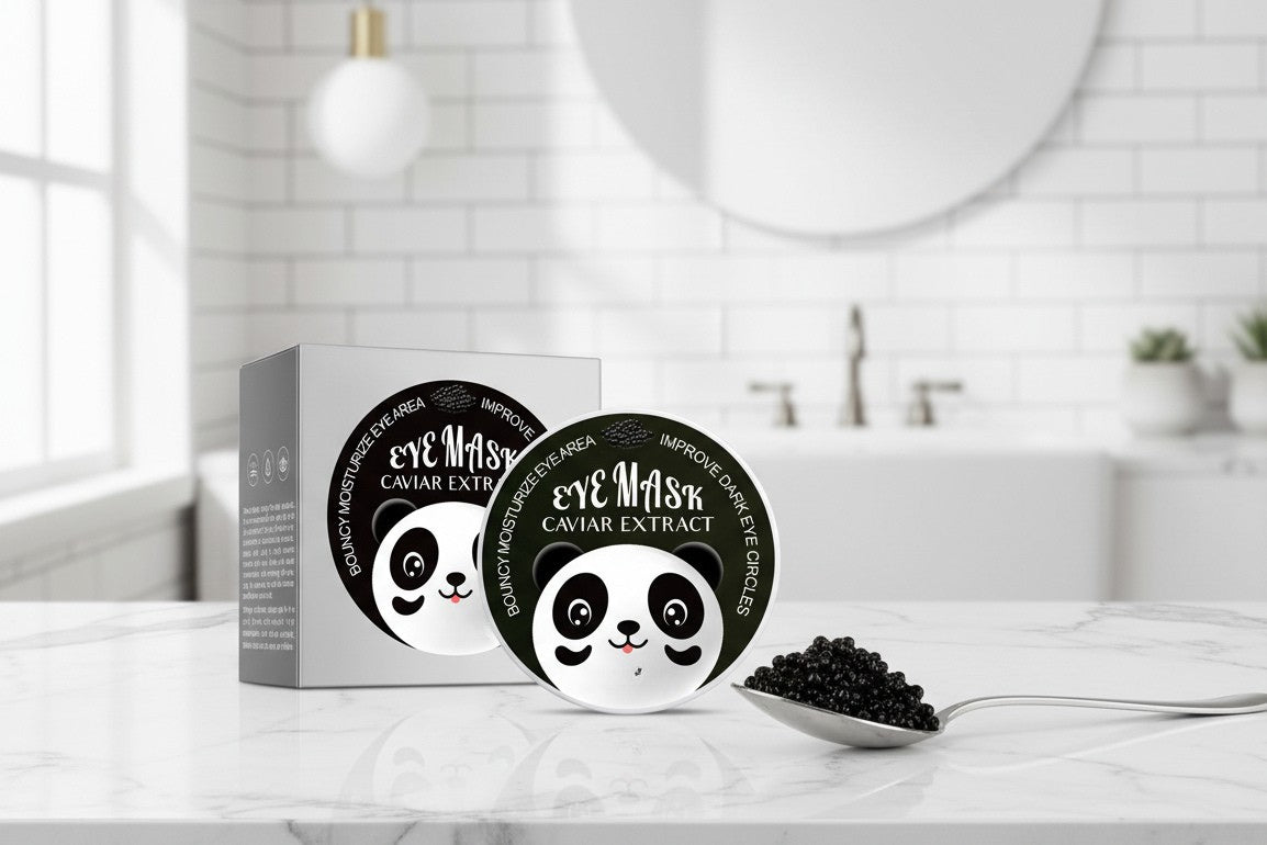 Eye mask packaging with panda design on a bathroom counter