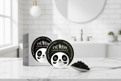Eye mask packaging with panda design on a bathroom counter
