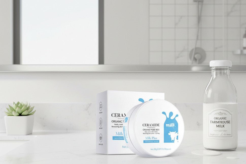 Ceramide skincare products on a bathroom counter with a plant in the background